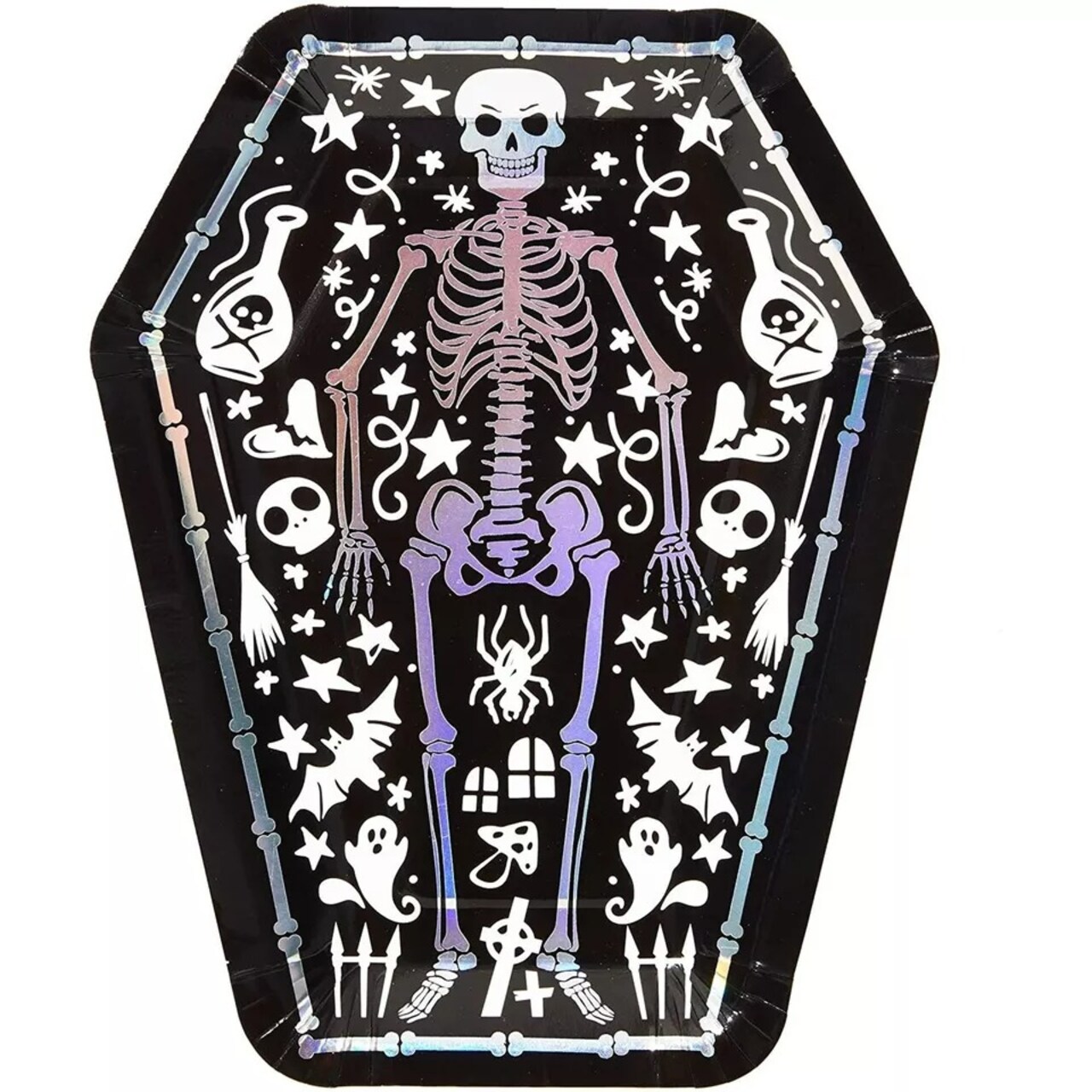48Pack Halloween Party Paper Plates, Disposable Skeleton Coffin Decor Bulk 10 In